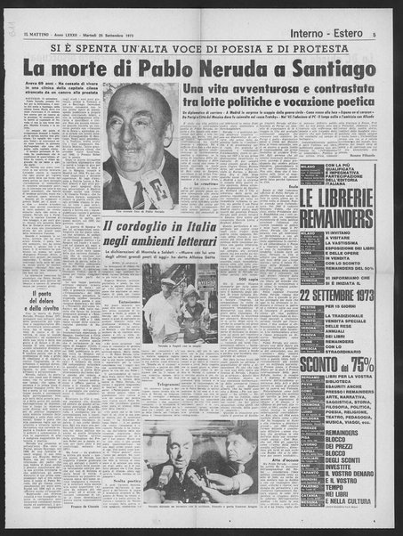 La morte di Pablo Neruda a Santiago; Una vita avventurosa e contrastata tra lotte politiche e vocazione poetica