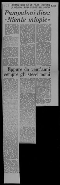 Contraddittorio per un premio contestato (Il Bagutta) – botta e risposta della critica. Pampaloni dice: "Niente miopie"