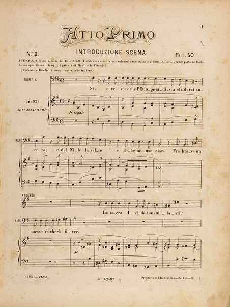 Aida : opera in quattro atti / versi di A. Ghislanzoni ; musica di G. Verdi ; canto e pianoforte, [riduzione di Franco Faccio]