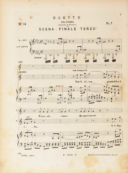 Aida : opera in quattro atti / versi di A. Ghislanzoni ; musica di G. Verdi ; canto e pianoforte, [riduzione di Franco Faccio]