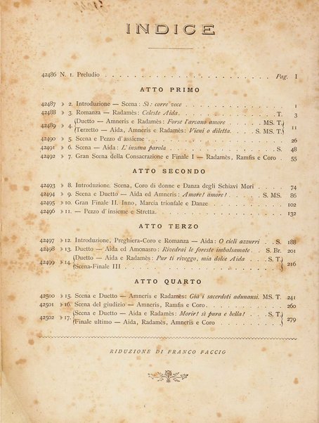 Aida : opera in quattro atti / versi di A. Ghislanzoni ; musica di G. Verdi ; canto e pianoforte, [riduzione di Franco Faccio]