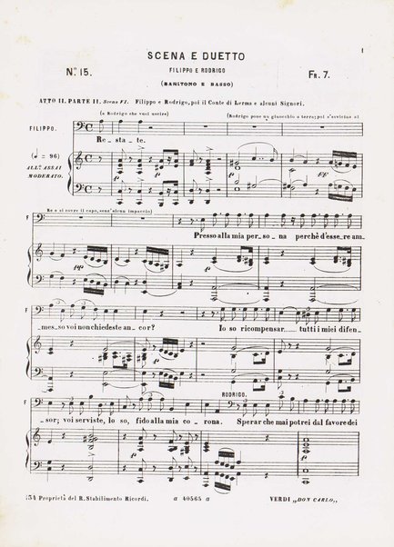 Don Carlo : opera in cinque atti / parole di Méry e Camillo Du Locle ; musica di G. Verdi ; traduzione italiana di Achille de Lauzières ; riduzioni per canto e pianoforte di Vauthrot e G. Ricordi