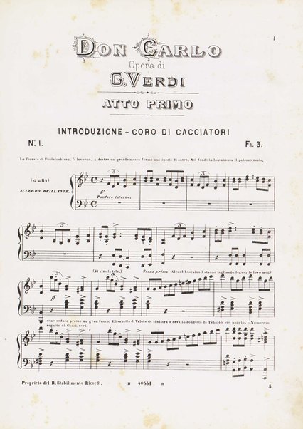 Don Carlo : opera in cinque atti / parole di Méry e Camillo Du Locle ; musica di G. Verdi ; traduzione italiana di Achille de Lauzières ; riduzioni per canto e pianoforte di Vauthrot e G. Ricordi