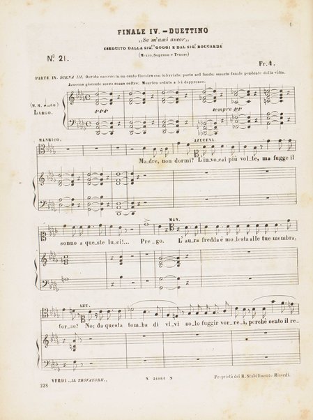 Il trovatore : dramma in quattro parti / di Salvadore Cammarano ; posto in musica da G. Verdi ; riduzione per canto e pianoforte di L. Truzzi