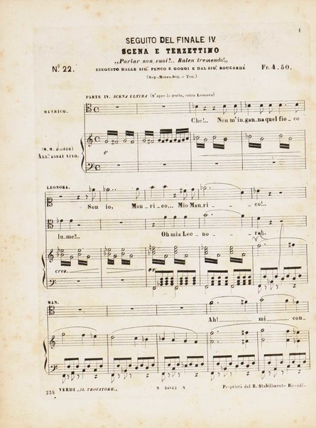 Il trovatore : dramma in quattro parti / di Salvadore Cammarano ; posto in musica da G. Verdi ; riduzione per canto e pianoforte di L. Truzzi