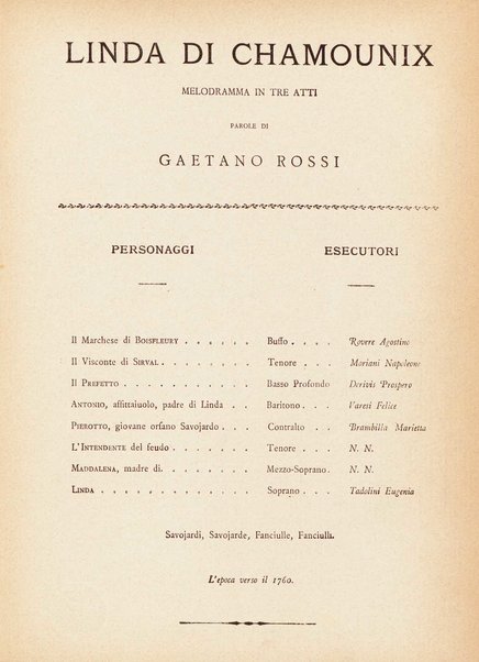 Linda di Chamounix : melodramma in tre atti di Gaetano Rossi / G. Donizetti ; Opera completa, canto e pianoforte