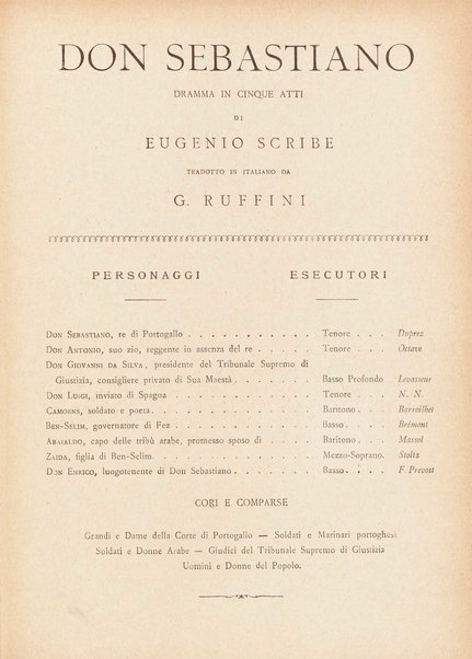 Don Sebastiano re di Portogallo : dramma in cinque atti di Eugenio Scribe / G. Donizetti ; opera completa, canto e pianoforte