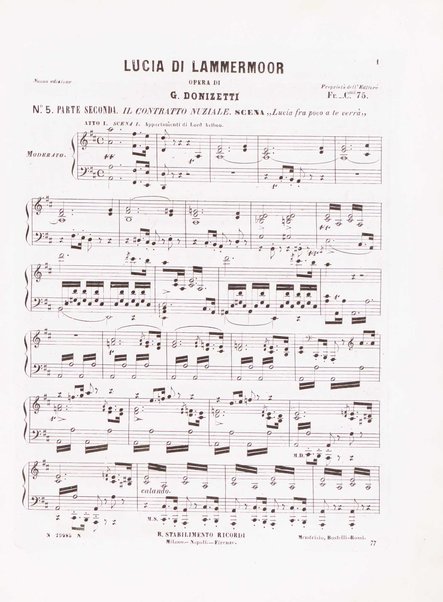 Lucia di Lammermoor : dramma tragico di Salvadore Cammarano / posto in musica da Gaetano Donizetti ; riduzione per canto e pianoforte
