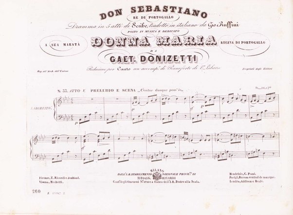 Don Sebastiano re di Portogallo : dramma in 5 atti / del sig.r Scribe ; tradotto in italiano dal sig.r G. Ruffini ; posto in musica da Gaetano Donizetti