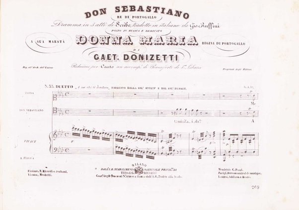 Don Sebastiano re di Portogallo : dramma in 5 atti / del sig.r Scribe ; tradotto in italiano dal sig.r G. Ruffini ; posto in musica da Gaetano Donizetti