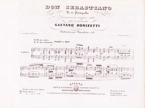 Don Sebastiano re di Portogallo : dramma in 5 atti / del sig.r Scribe ; tradotto in italiano dal sig.r G. Ruffini ; posto in musica da Gaetano Donizetti