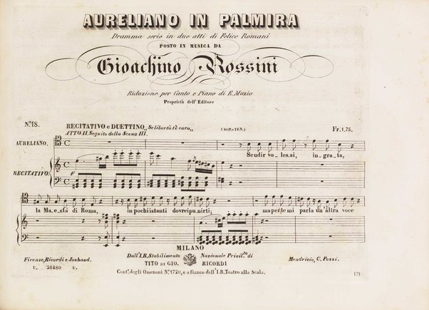 Aureliano in Palmira : dramma serio in due atti di Felice Romani / posto in musica da Gioachino Rossini ; riduzione per canto con accompagnamento di pianoforte di Emanuele Muzio