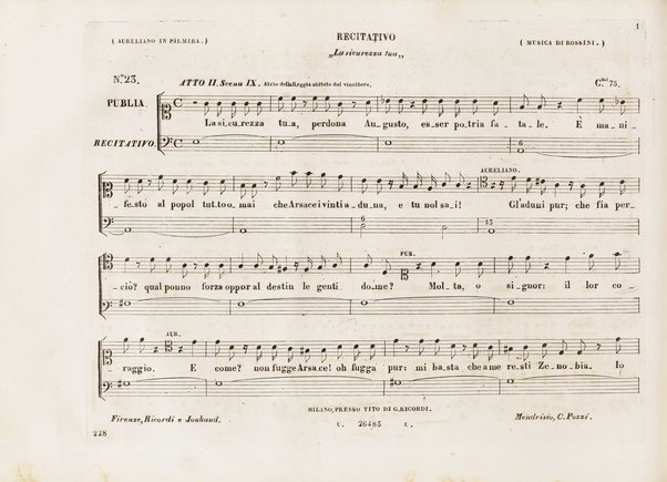 Aureliano in Palmira : dramma serio in due atti di Felice Romani / posto in musica da Gioachino Rossini ; riduzione per canto con accompagnamento di pianoforte di Emanuele Muzio