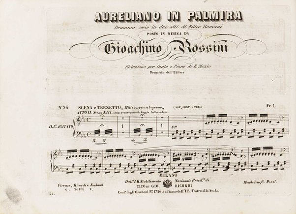 Aureliano in Palmira : dramma serio in due atti di Felice Romani / posto in musica da Gioachino Rossini ; riduzione per canto con accompagnamento di pianoforte di Emanuele Muzio