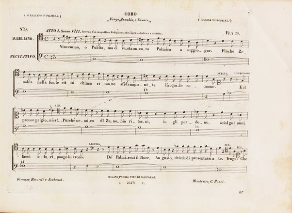 Aureliano in Palmira : dramma serio in due atti di Felice Romani / posto in musica da Gioachino Rossini ; riduzione per canto con accompagnamento di pianoforte di Emanuele Muzio