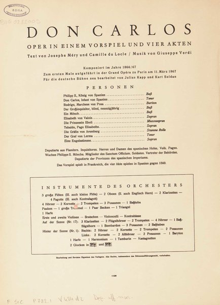 Don Carlos : Oper in einem Vorspiel und vier Akten / G. Verdi ; für die deutsche Bühne neu bearbeitet von Julius Kapp und Kurt Soldan ; herausgegeben von Kurt Soldan
