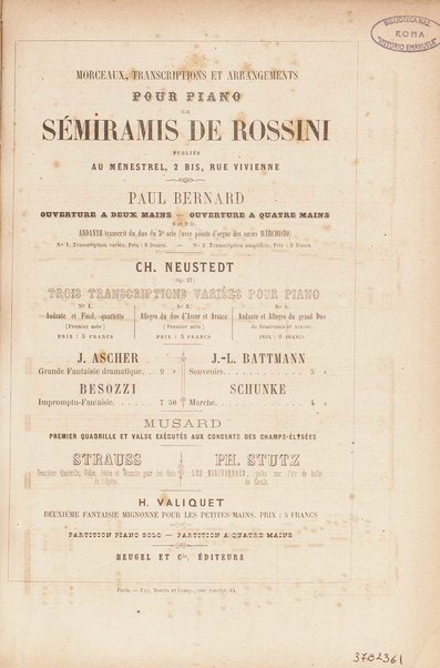 Sémiramis : opéra en quatre actes / de G. Rossini ; avec illustrations, points d'orgue, texte italien et traduction francaise de Méry