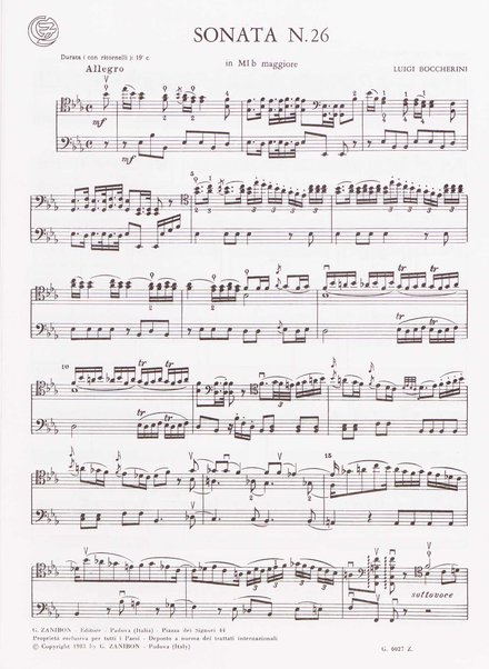 Sonata n. 26 in mi♭ maggiore per violoncello e basso : nella stesura originale per due violoncelli / Luigi Boccherini ; edizione a cura di Aldo Pais