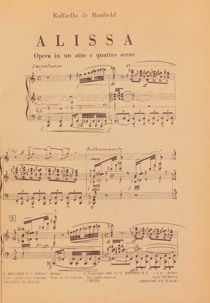 Alissa : opera in un atto e quattro scene : (su testo di Richard Miller) / Raffaello de Banfield ; traduzione italiana di Vito Levi