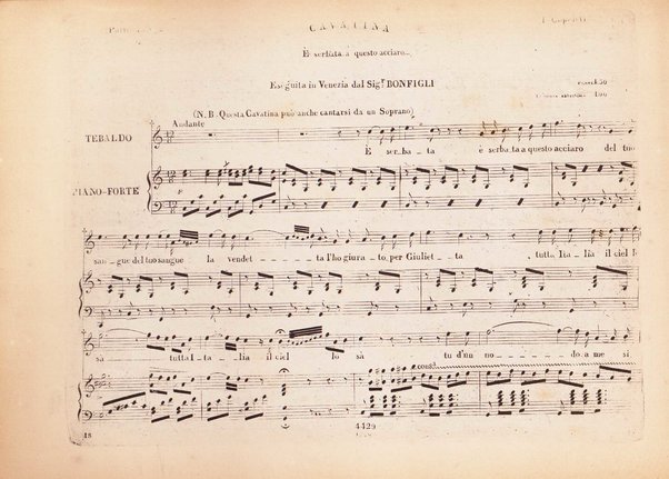 I Capuleti ed i Montecchi, ossia Giulietta e Romeo / melodramma di Felice Romani ; posto in musica da Vincenzo Bellini