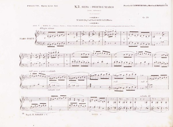 Poliuto : opera in 3 atti / poesia di Salvatore Cammarano ; musica di G. Donizetti ; sola e vera riduzione della partitura fatta in Parigi nel 1840 dallo stesso autore, per canto e pianoforte