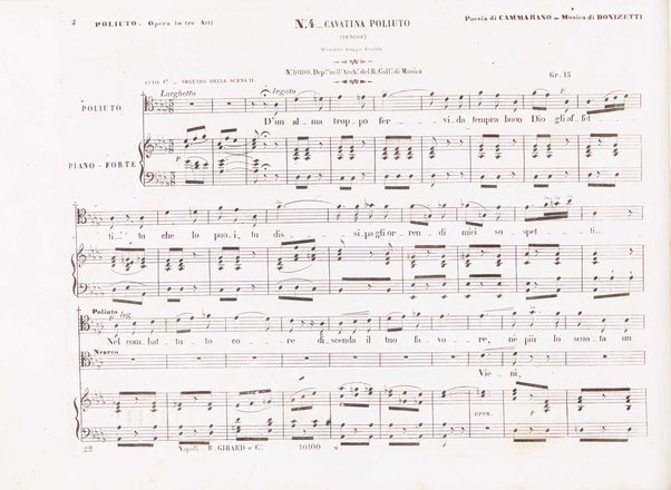 Poliuto : opera in 3 atti / poesia di Salvatore Cammarano ; musica di G. Donizetti ; sola e vera riduzione della partitura fatta in Parigi nel 1840 dallo stesso autore, per canto e pianoforte