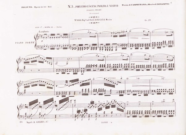 Poliuto : opera in 3 atti / poesia di Salvatore Cammarano ; musica di G. Donizetti ; sola e vera riduzione della partitura fatta in Parigi nel 1840 dallo stesso autore, per canto e pianoforte
