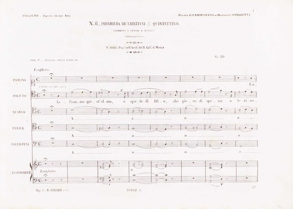 Poliuto : opera in 3 atti / poesia di Salvatore Cammarano ; musica di G. Donizetti ; sola e vera riduzione della partitura fatta in Parigi nel 1840 dallo stesso autore, per canto e pianoforte