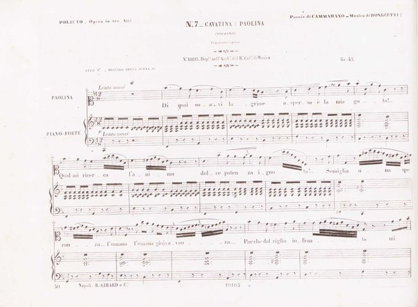 Poliuto : opera in 3 atti / poesia di Salvatore Cammarano ; musica di G. Donizetti ; sola e vera riduzione della partitura fatta in Parigi nel 1840 dallo stesso autore, per canto e pianoforte