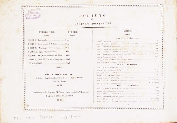 Poliuto : opera in 3 atti / poesia di Salvatore Cammarano ; musica di G. Donizetti ; sola e vera riduzione della partitura fatta in Parigi nel 1840 dallo stesso autore, per canto e pianoforte