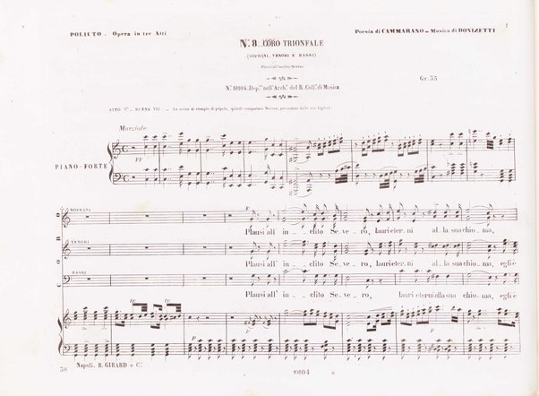 Poliuto : opera in 3 atti / poesia di Salvatore Cammarano ; musica di G. Donizetti ; sola e vera riduzione della partitura fatta in Parigi nel 1840 dallo stesso autore, per canto e pianoforte