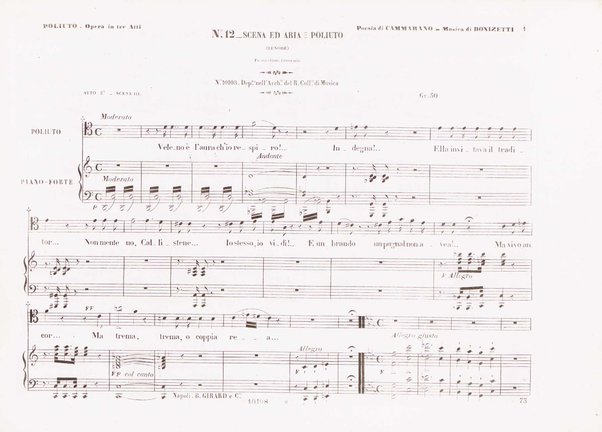 Poliuto : opera in 3 atti / poesia di Salvatore Cammarano ; musica di G. Donizetti ; sola e vera riduzione della partitura fatta in Parigi nel 1840 dallo stesso autore, per canto e pianoforte