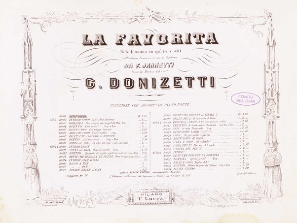 La favorita : melodramma in quattro atti / dall'idioma francese recato in italiano da F. Jannetti ; posto in musica dal cav.e G. Donizetti