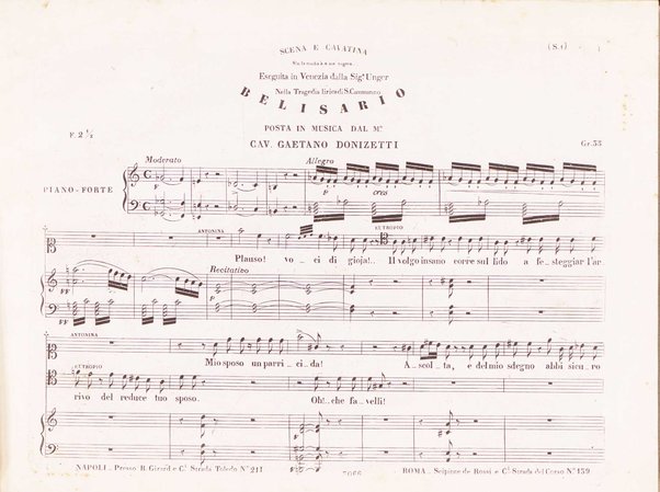 Belisario : melodramma tragico di S. Cammarano / posto in musica dal M°. cavaliere Donizetti ; ridotto con accomp.to di pianoforte dallo stesso