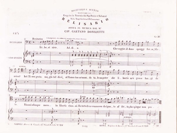 Belisario : melodramma tragico di S. Cammarano / posto in musica dal M°. cavaliere Donizetti ; ridotto con accomp.to di pianoforte dallo stesso