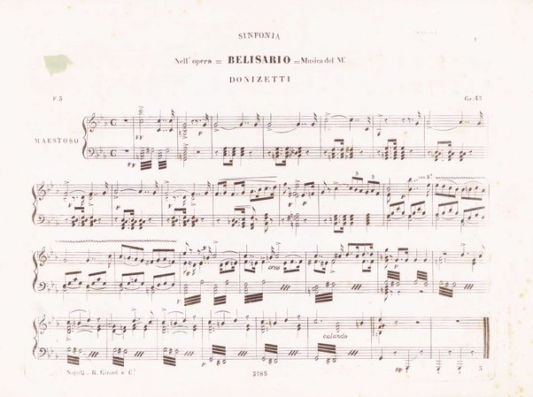 Belisario : melodramma tragico di S. Cammarano / posto in musica dal M°. cavaliere Donizetti ; ridotto con accomp.to di pianoforte dallo stesso