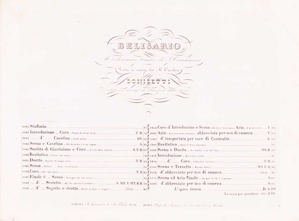 Belisario : melodramma tragico di S. Cammarano / posto in musica dal M°. cavaliere Donizetti ; ridotto con accomp.to di pianoforte dallo stesso