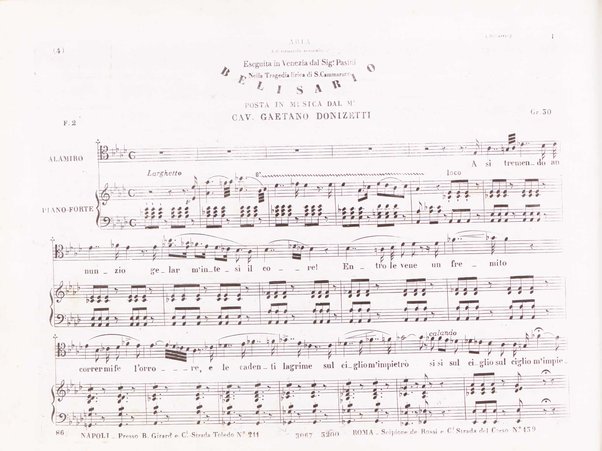 Belisario : melodramma tragico di S. Cammarano / posto in musica dal M°. cavaliere Donizetti ; ridotto con accomp.to di pianoforte dallo stesso