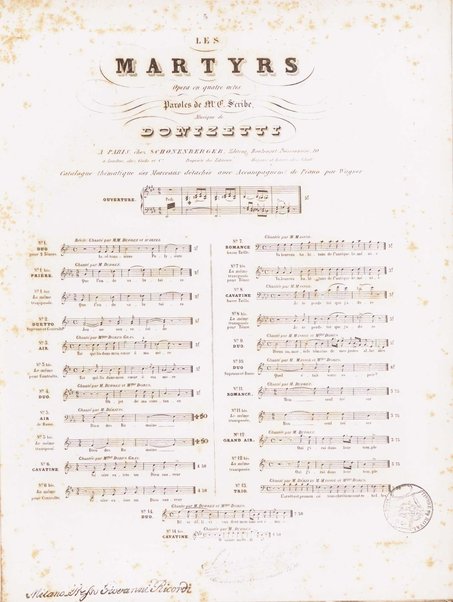 Les martyrs : opera en quatre actes / paroles de m.r E. Scribe ; musique de Donizetti ; catalogue thématique des morceaux détachés avec accompagnam.t de piano par Wagner