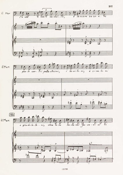 Il marescalco : 1960 : commedia in due atti (da Pietro Aretino) / G. Francesco Malipiero ; riassunto per canto e pianoforte dell'autore