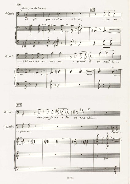 Il marescalco : 1960 : commedia in due atti (da Pietro Aretino) / G. Francesco Malipiero ; riassunto per canto e pianoforte dell'autore