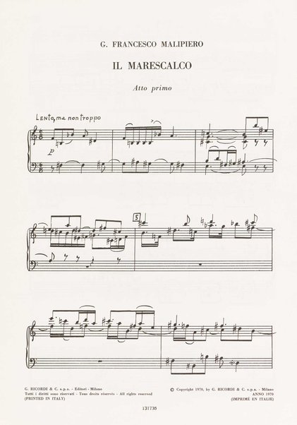 Il marescalco : 1960 : commedia in due atti (da Pietro Aretino) / G. Francesco Malipiero ; riassunto per canto e pianoforte dell'autore