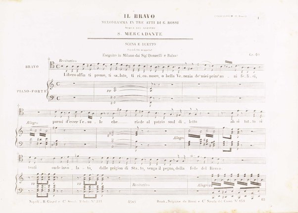 Il bravo : melodramma tragico in tre atti di G. Rossi / rappresentato il 9 marzo 1839 in Milano ... con musica del Mº S. Mercadante