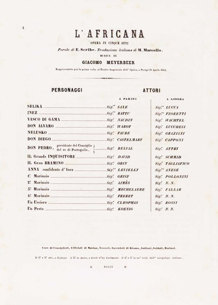 L'africana : opera in 5 atti di E. Scribe / traduzione italiana di M. Marcello ; musica di G. Meyerbeer