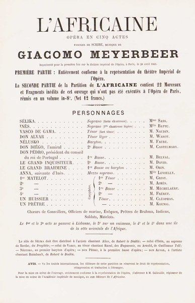 L'africaine : opéra en 5 actes / paroles de E. Scribe ; musique de G. Meyerbeer ; partition chant & piano arrangée par E. Vauthrot