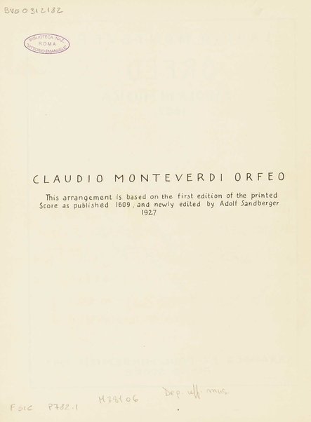 Orfeo : favola in musica : 1607 / Claudio Monteverdi ; arranged by Paul Hindemith, 1943