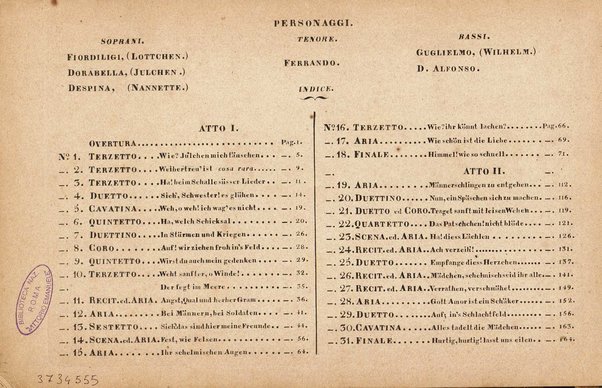 Così fan tutte : komische Oper in zwei Aufzügen / von W. A. Mozart