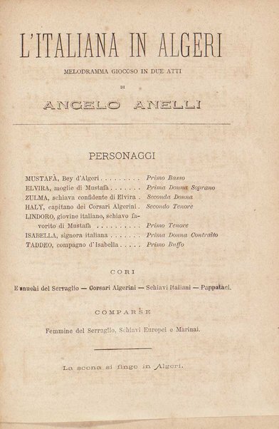 L'italiana in Algeri : melodramma giocoso in due atti / di Gioachino Rossini  [Introduzione di Amintore Galli]