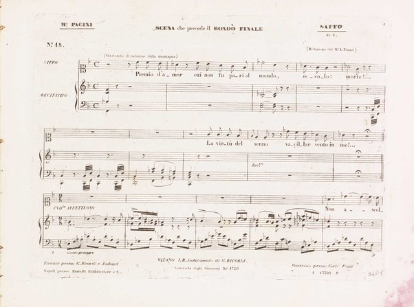 Saffo : tragedia lirica in 3 parti di S. Cammarano / musica del maestro cavaliere Giovanni Pacini