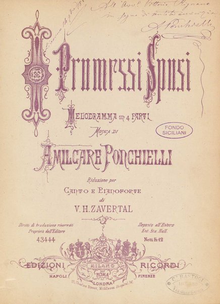 I promessi sposi : melodramma in 4 parti / musica di Amilcare Ponchielli ; riduzione per canto e pianoforte di V. H. Zavertal